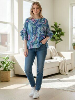 JODIFL Marble Print Ruffle-Sleeve Blouse with Pink & Green Swirls Oversized S